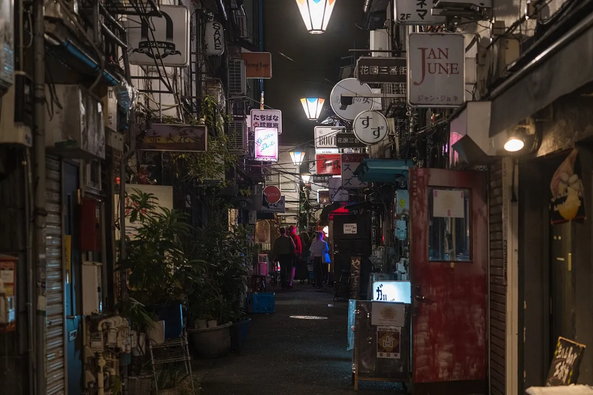 Narrow Golden Gai alley at night in Shinjuku, lined with small bars, a stop after an izakaya in Tokyo
