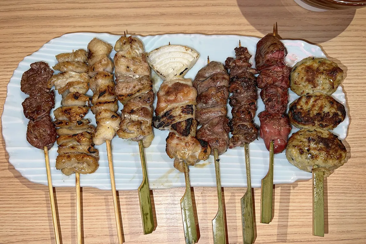 Platter of grilled yakitori skewers, a typical order at yakitori izakaya in Tokyo