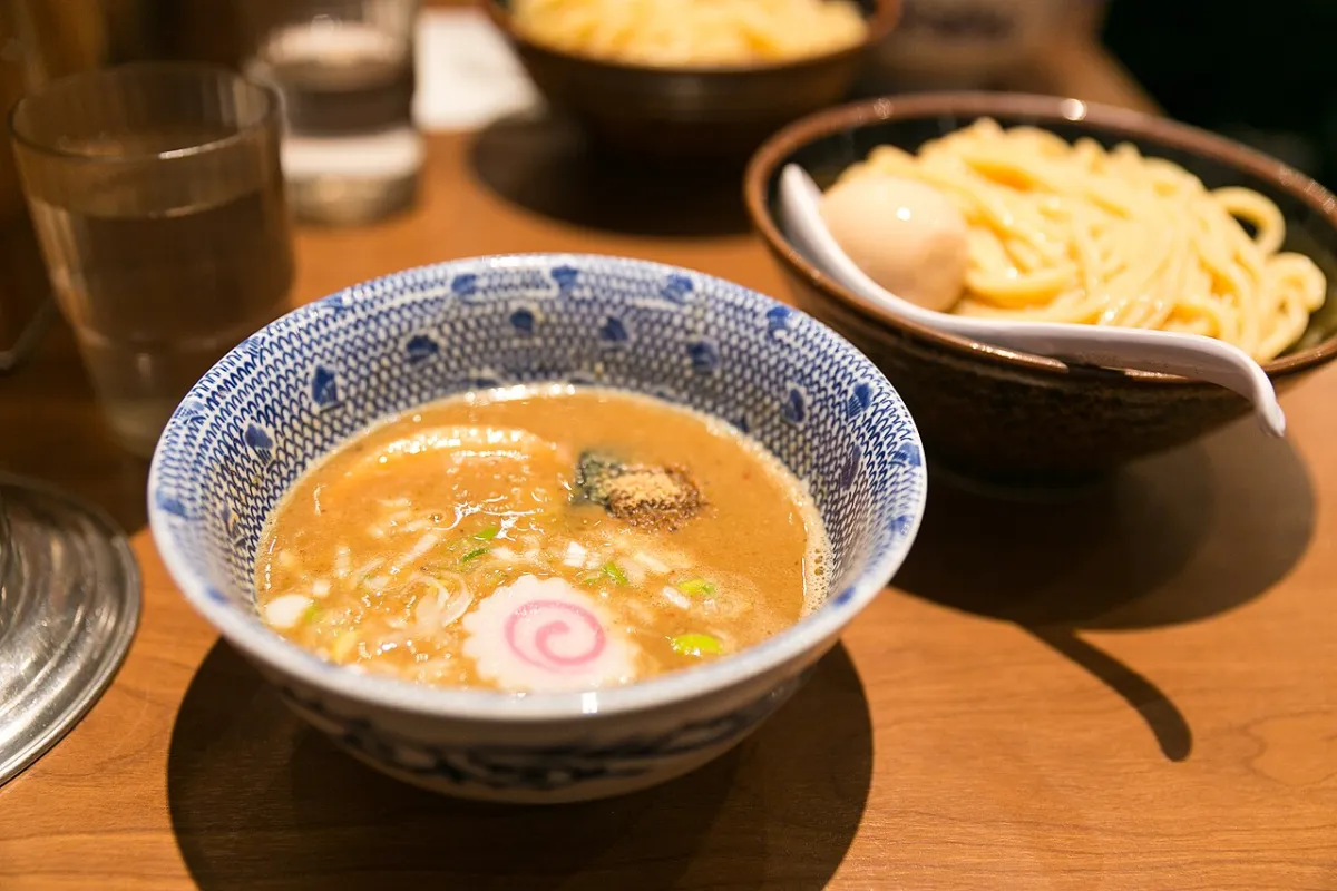 Bowl of tsukemen dipping ramen at a Tokyo restaurant, similar to the style served at Fuunji near Shinjuku
