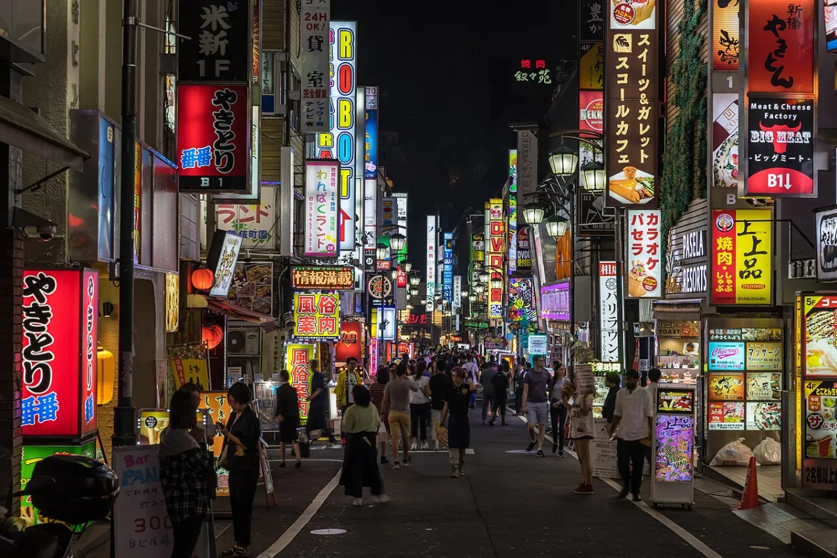 Neon signs along a Kabukicho street at night in Shinjuku