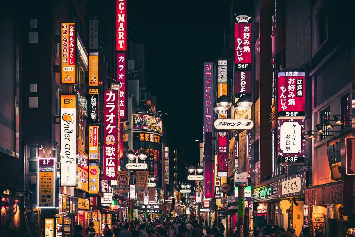 Shin-Okubo street scene with halal restaurants and international food shops