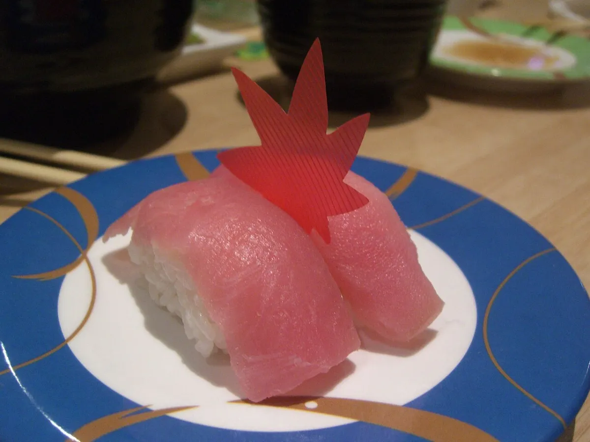 Pair of tuna nigiri sushi, the kind ordered piece by piece at a standing sushi bar