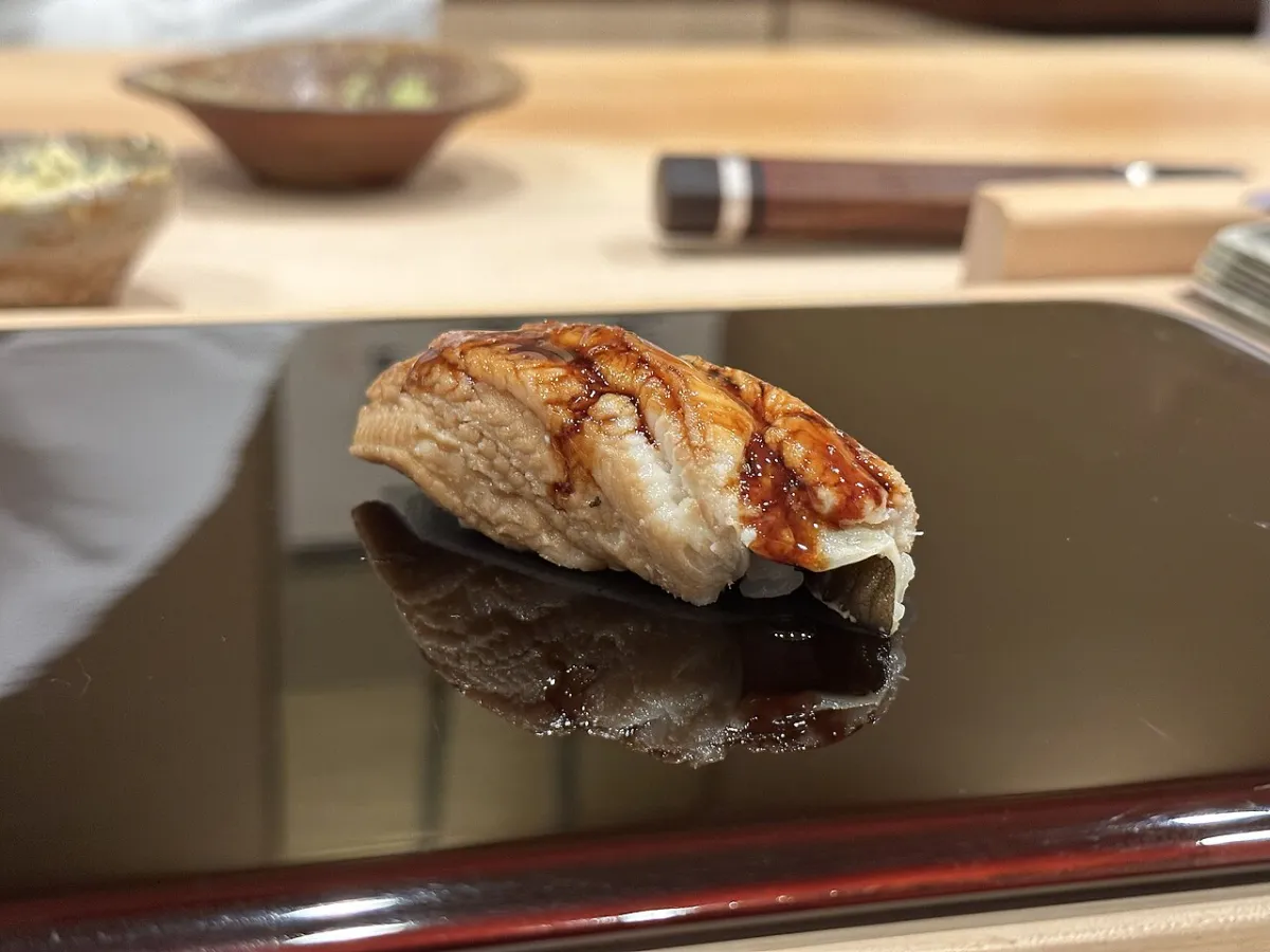 Anago (sea eel) nigiri with sweet soy glaze (generic photo)